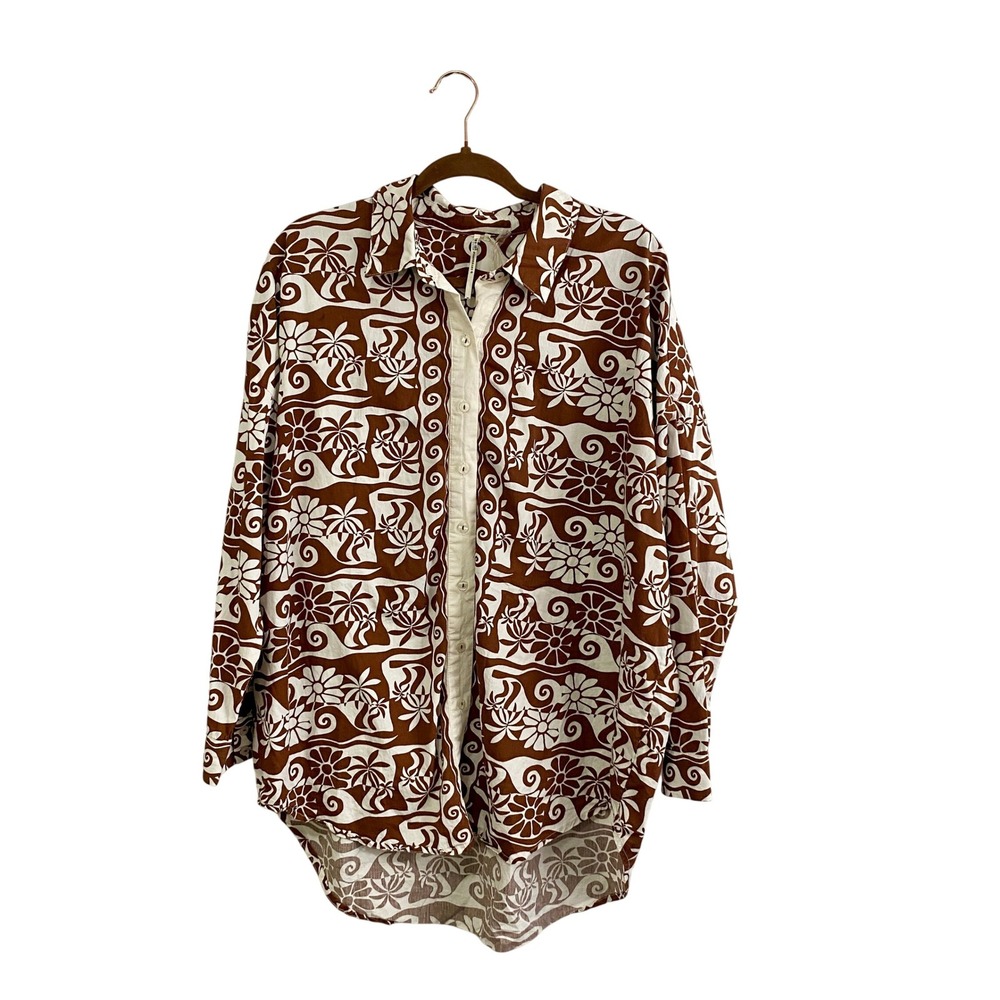 By Anthropologie Brown Retro Floral Button Down Shirt M Oversized Resort Coastal
